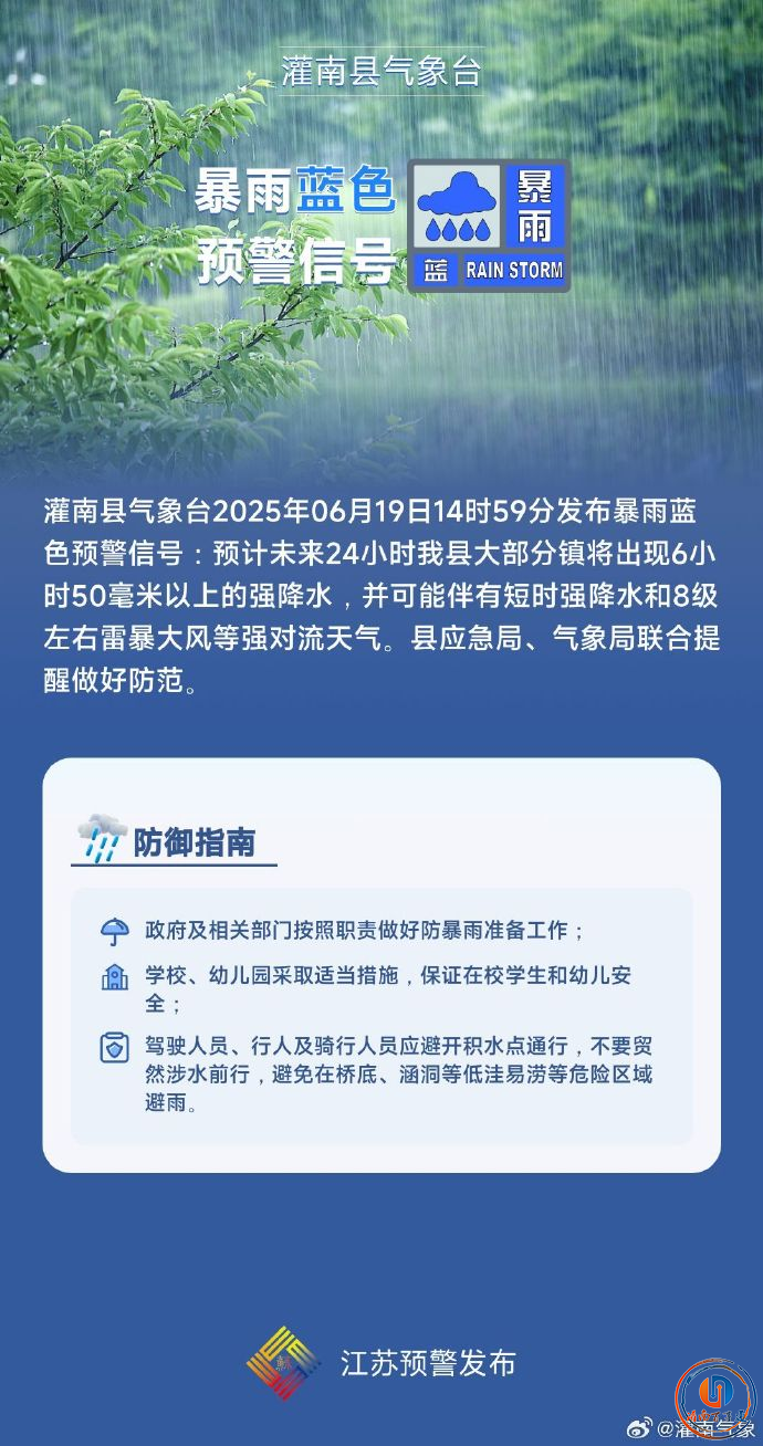 灌南人注意！暴雨蓝色预警！